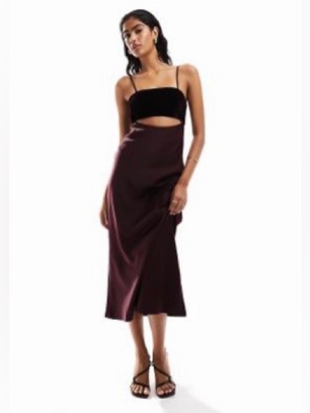 NWT ASOS Satin and Velvet Burgundy Wine Midi Dress with Cutouts